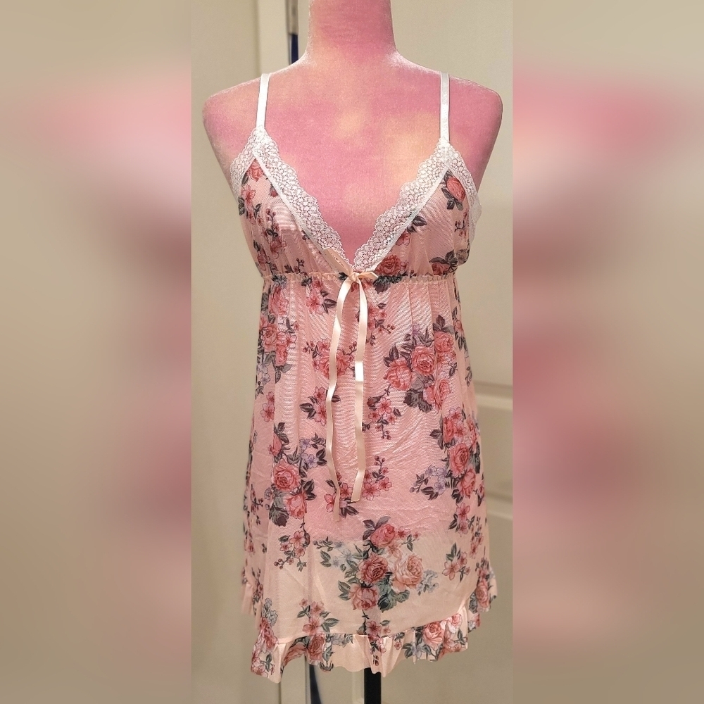 Pink Floral Lace Trim Nightgown Sz Small